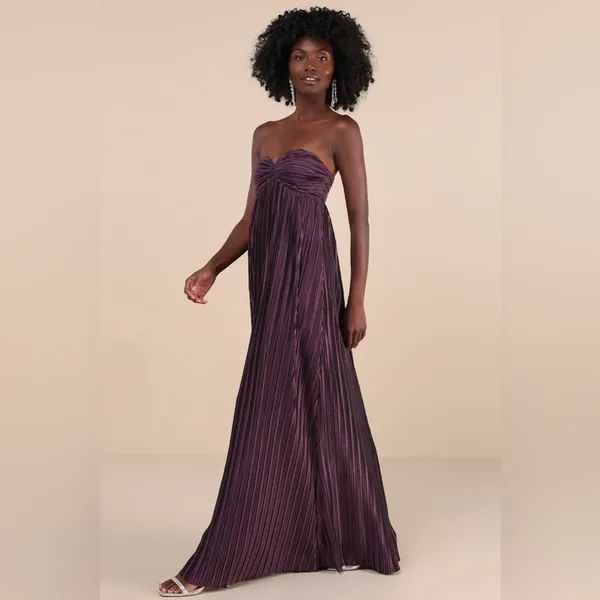Lulu's Whimsical Beauty Dark Purple Satin Plisse Strapless Maxi Dress - Image 4
