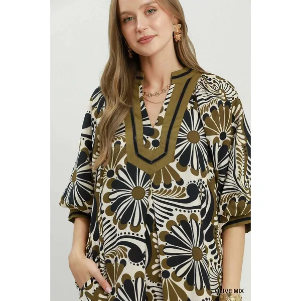 Umgee Abstract Print Midi Dress - Olive Mix - Small - Image 5