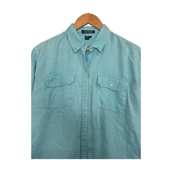 Lauren Ralph Lauren Top Womens Large Blue Linen Coastal Button Up Preppy Casual - Image 7