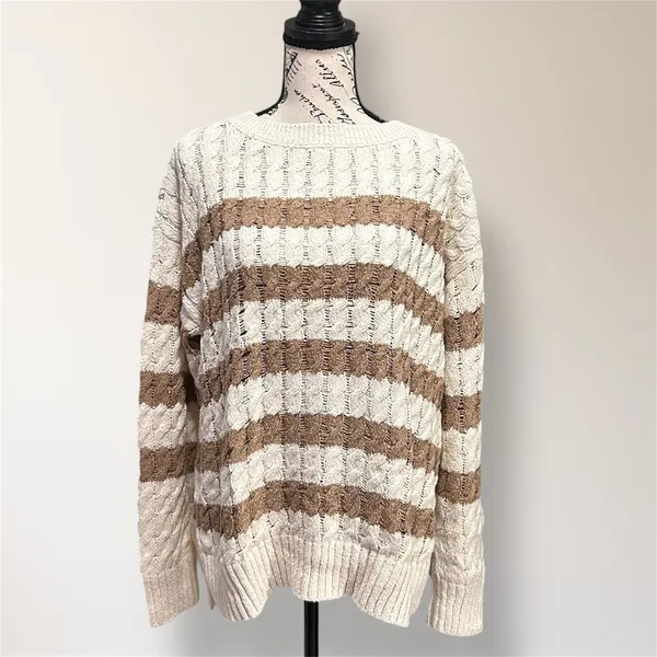 Pilcro Anthropologie M Cream Tan Stripe Cable Knit Sweater Oversized‎ Cozy Cabin - Image 2