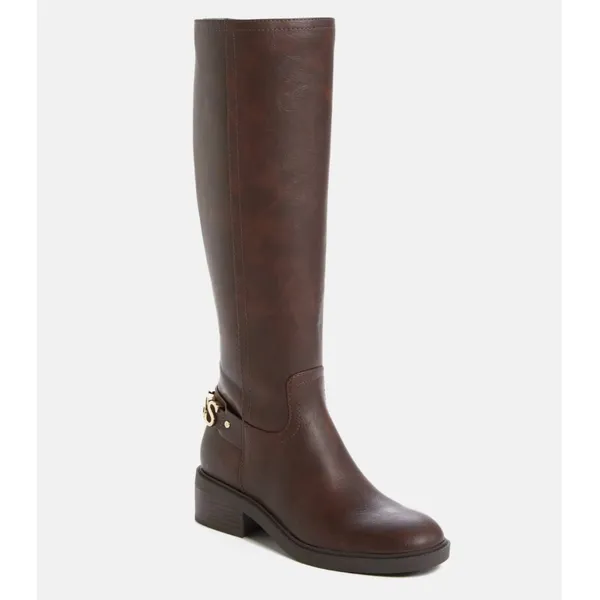 NEW GUESS padmaa riding boots Gold Spell Out Logo Chocolate Brown 8 - Image 2