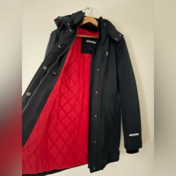 Abercrombie & Fitch Women's Navy Parka Coat with Hood Full Zip Snap Size S - Image 4