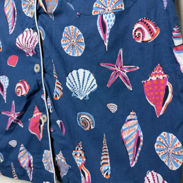 Printfresh Women Cotton Pajama Top XS Blue Seashell Starfish Button Front Pocket - Image 5