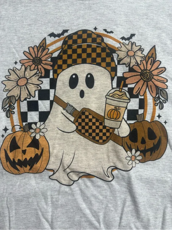 Gildan Light Gray Long Sleeve Cropped Ghost Graphic Tee with Orange Accents - Image 5