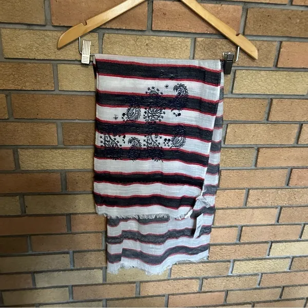NWT LOFT Embroidered Black Red & White Striped Scarf 70x24” - Image 2