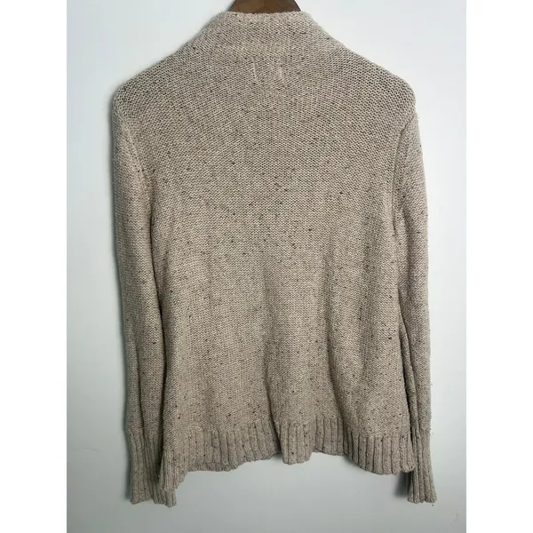 St Johns Bay Wm LG Cable Knit Sweater Tan Marl Button Shoulder Mock Neck Indie - Image 2
