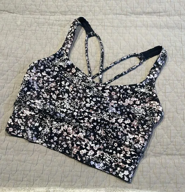 Lululemon Free to be Bra Long Line Black Pink Floral Spritz-Multi Size 4 - Image 2