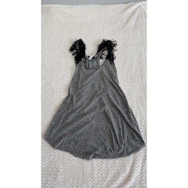 Free People Gray Heathered Fringe Trim Sleeveless Tank Top Medium - Image 2