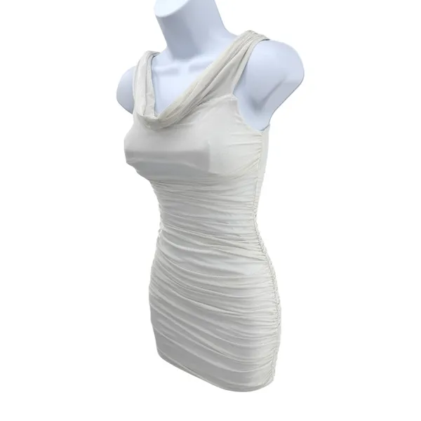 Lucy in the Sky White Ruched Cowl Neck Shimmer Bodycon Mini Dress‎ Womens Small - Image 2