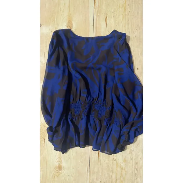 Evereve Blue Brown Abstract Floral Smocked Peplum Balloon Sleeve‎ Blouse Large - Image 8