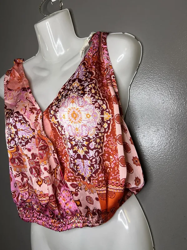 Easel Tank Top Womens Medium Multicolor Paisley Boho V Neck Cami Elastic Hem - Image 3