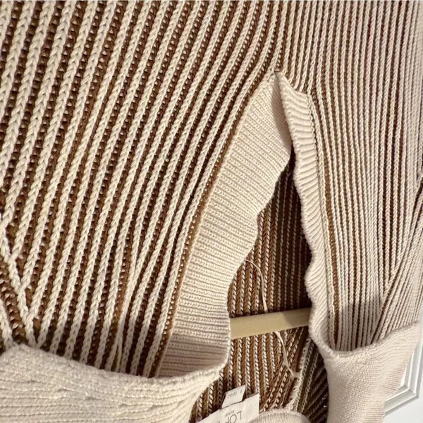 LOFT Pullover Sweater Brown Cream‎ Striped Ribbed Knit V-Neck Women Small - Image 3