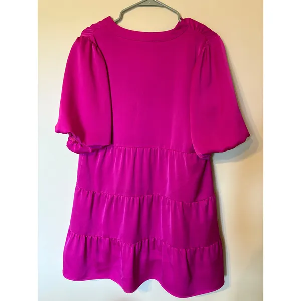 THML Magenta Pink Tiered Mini Dress Short Puff Sleeve Split V-Neck Small - Image 5