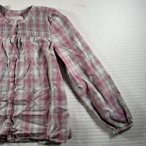 LOFT Women’s Medium Plaid Smocked Peasant Blouse Pink Gray Button Front - Image 5