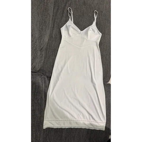 Vintage White Full Slip Lace‎ Trim Adjustable Spaghetti Straps V-Neck Mid-Length - Image 10