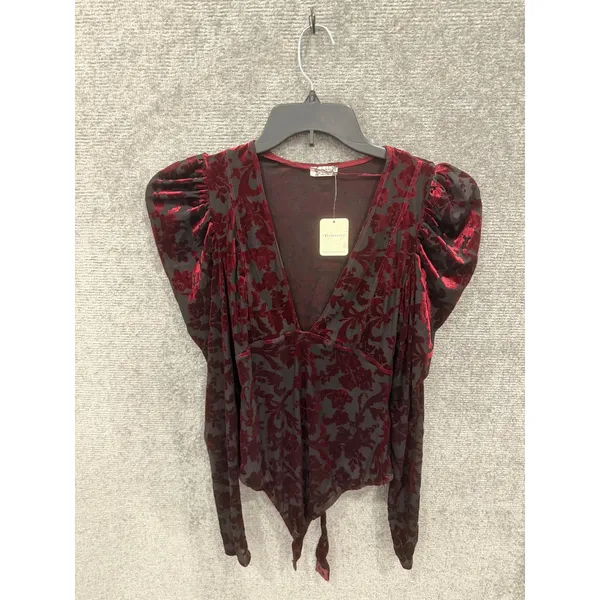 Free People Women Bodysuit S Burgundy Midnight Combo Burnout Velvet Puff Sleeve - Image 5