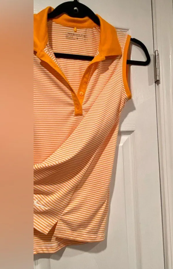Nike Dri Fit Gold Size XS Sleeveless V Neck Collared Athletic Top Orange Stripes - Image 7