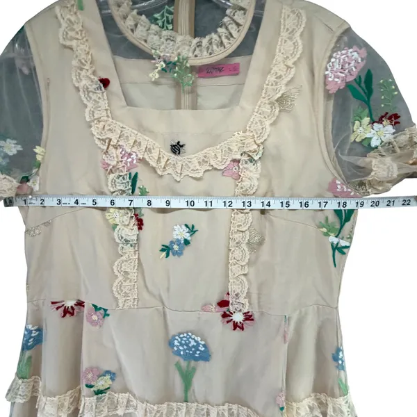 Cottagecore‎ Lace Tiered Midi Dress Embroidered Floral Prairie Fairy 2extremz L - Image 6