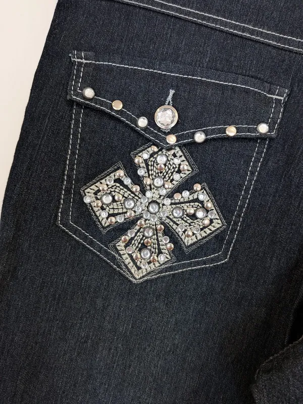 NWT Womens 12 Dark Wash Stretch Bootcut Jeans Y2K Bling Rhinestone Cross Pockets - Image 4