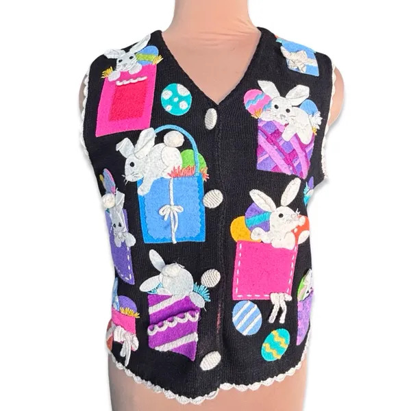 Vintage Michael Simon Easter Bunny Applique Knit Sweater Vest Medium Whimsical‎ - Image 4