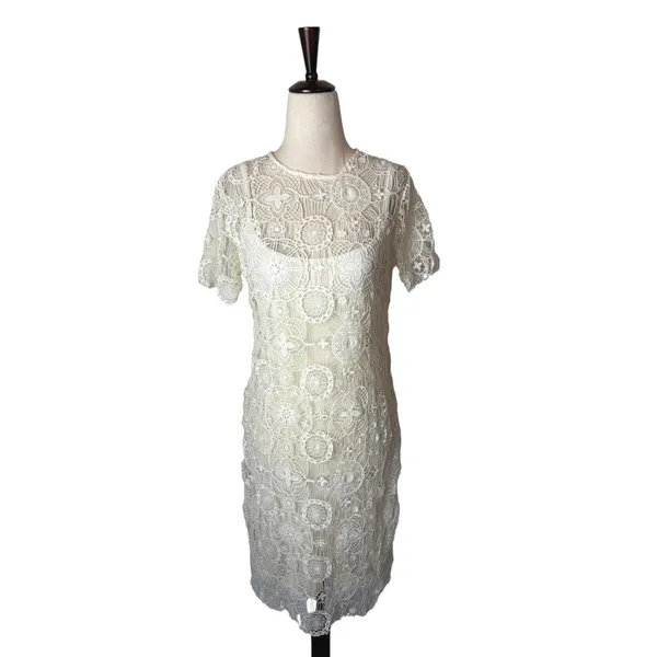 Ralph Lauren Crochet Lace Dress Women Medium Ivory Short Sleeve Shift Mini Retro - Image 2