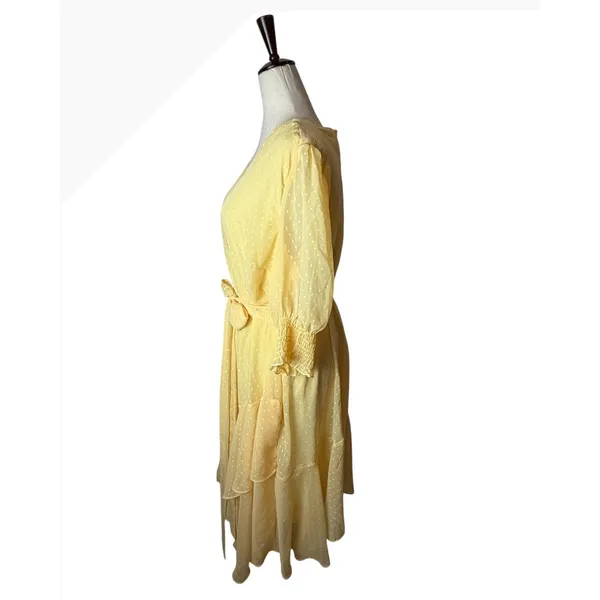 Maison Tara Midi Dress Women 14 Yellow Clip Dot Faux Wrap Puff Sleeve Boho - Image 5