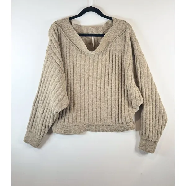 Free People Womens Sweater Gray Cabin Fever Pullover Ribbed Fleece Dolman Large - Image 2