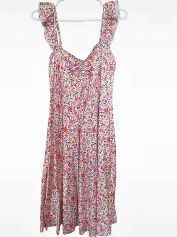 Fensace Floral Ruffle Strap Ruched Midi Sundress Pink Size M - Image 2