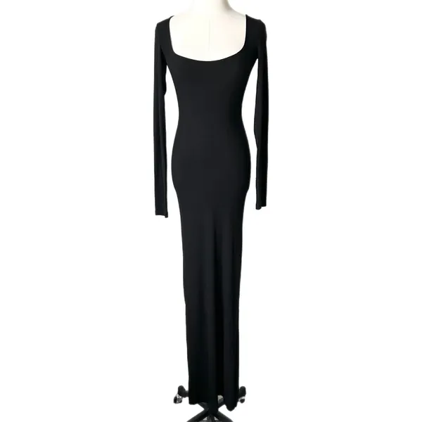 SKIMS Soft Lounge Long Sleeve Dress Modal Spandex Black Square Neck Ribbed Sz XS - Image 2
