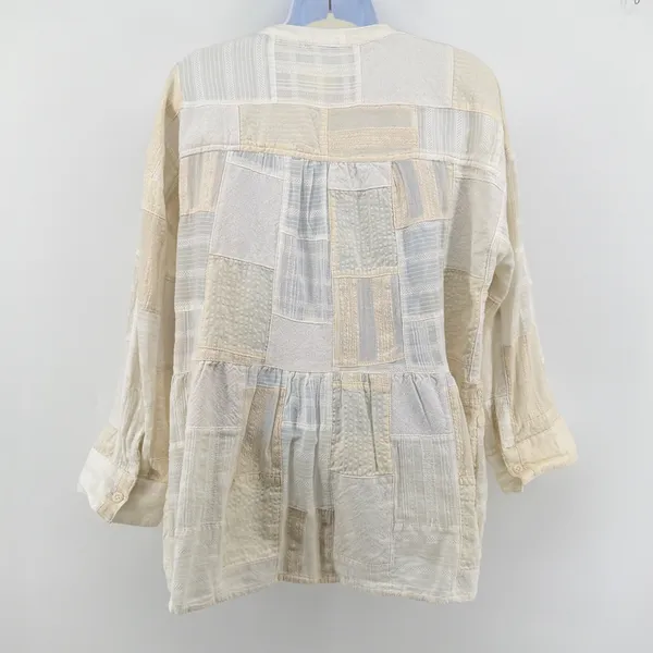 Anthropologie Maeve The Zoe Patchwork Swing Blouse S Cream Linen Cotton Henley - Image 5