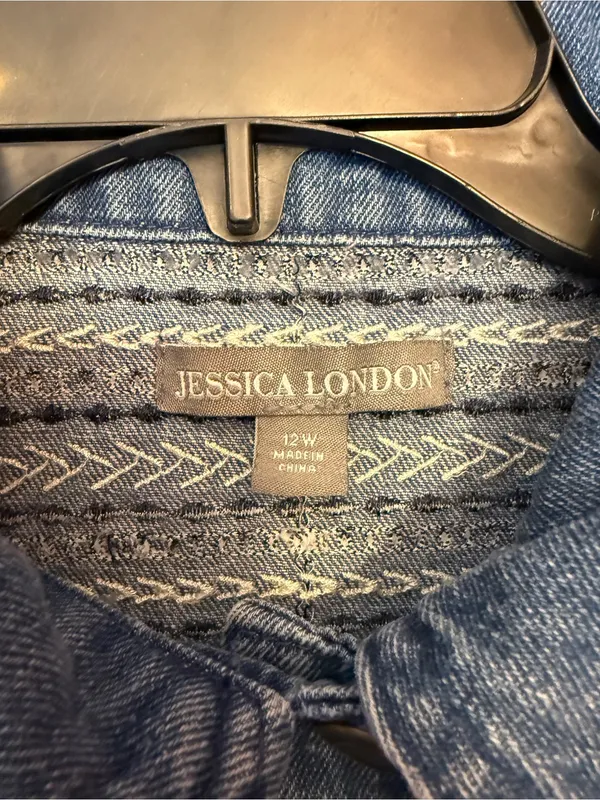 Jessica London Embroidered Long Denim Jacket Button Front Jean Coat Trench 12W - Image 2