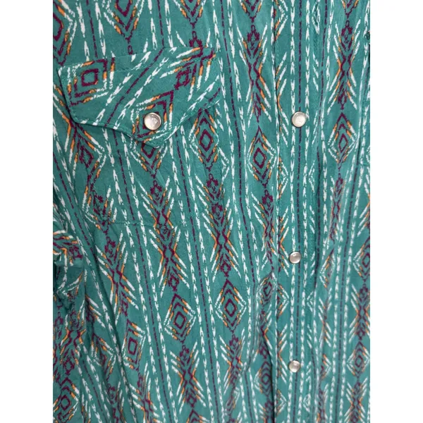 Wrangler Women's Button Up Long Sleeve‎ Shirt Geometric Teal Pearl Snaps Sz S - Image 3