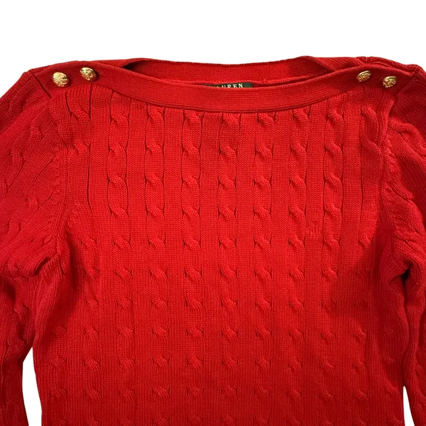 Lauren Ralph Lauren Red Cable Knit Boat Neck Sweater Gold Button Detail Womens L - Image 2