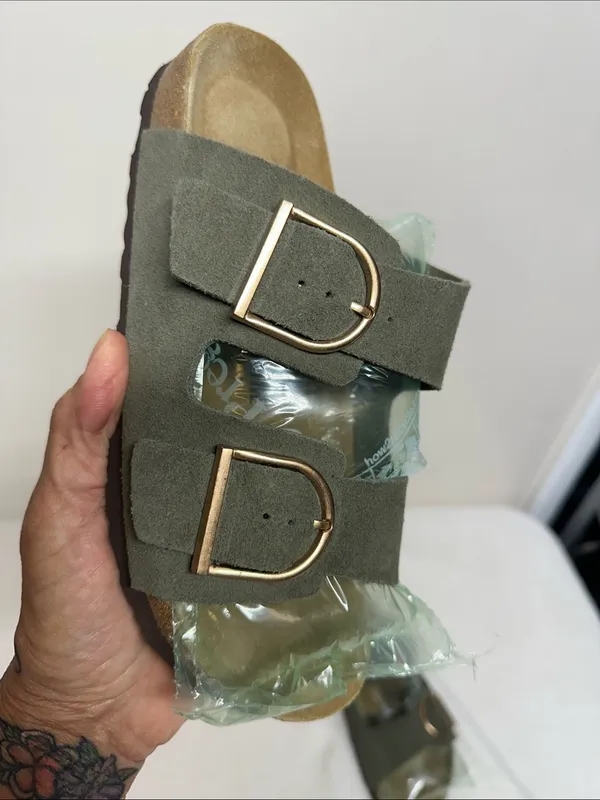 Olive Double-Buckle Slide Sandals with Rose-Gold Buckles Leather - Image 3