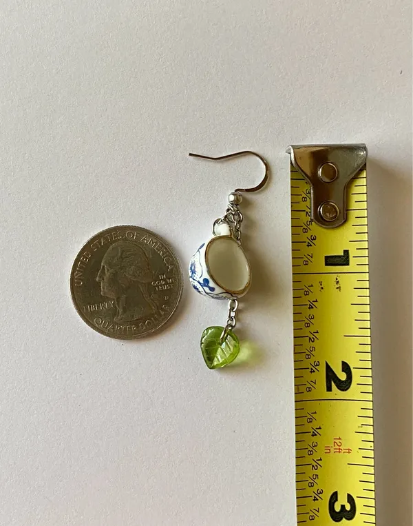 Handmade porcelain tea cup & Czech glass leaf unique fun fairy antique style dangle earrings🫖🍃🌀 - Image 7