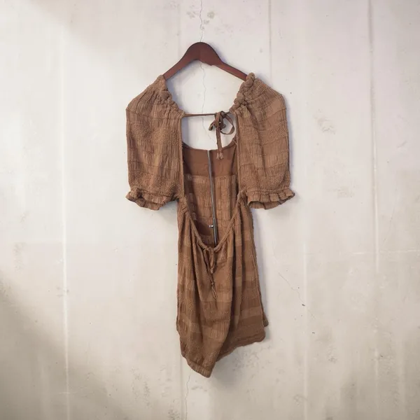 Free People Brown Textured Puff‑Sleeve Dress – Tie‑Back – Size S - Image 3