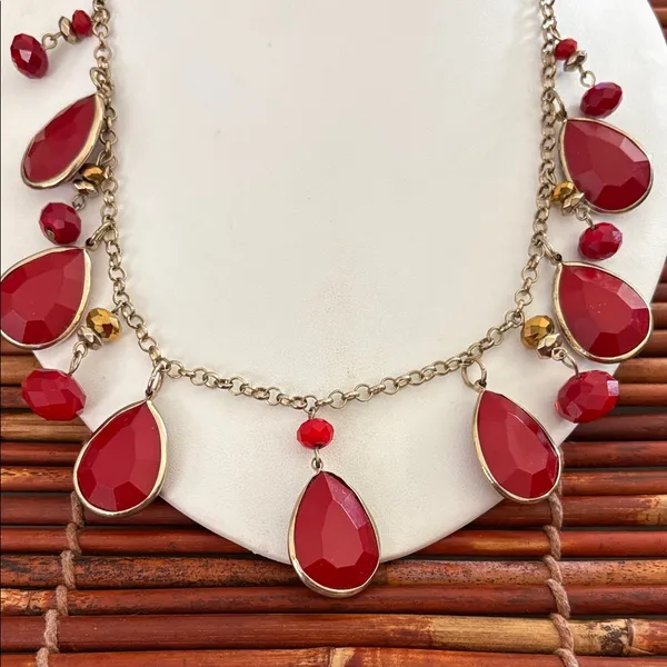 Chic Red Teardrop Necklace with Gold Accents 18”-20.5” - Image 2