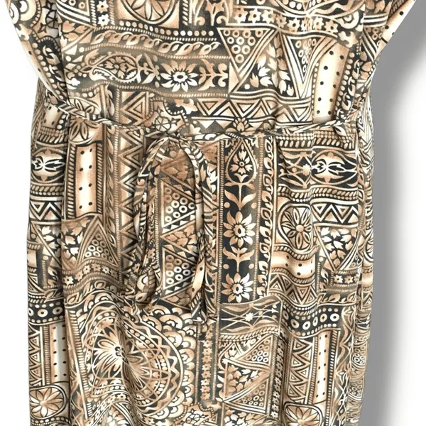 Vintage Black Brown Earth Tone Geometric Sleeveless Tie Back Midi Dress‎ XL Boho - Image 8