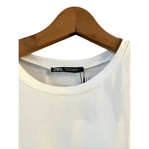 ZARA Trimmed T-Shirt White Top Gold Black Knit Cap Sleeve Ruffle Crew Neck Small - Image 7