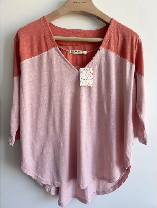 Free People We The Free Pink Combo Colorblock V Neck 3/4 Sleeve Top XS NWT - Image 3