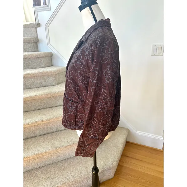 FLAX Brown Corduroy & Blue Floral Embroidery Button Up Jacket - Image 3