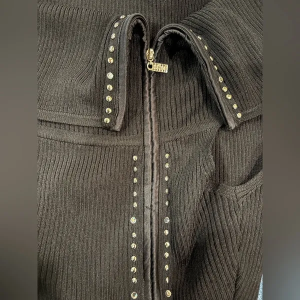 Cache Y2K off shoulder rhinestone zipper sleeveless top L black ribbed - Image 3