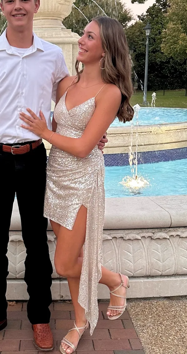 Gianni Bini Sequin Champagne Hoco Dress - Image 3