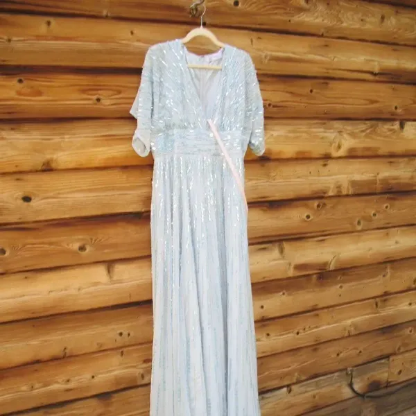 Mac Duggal 10807 Blue Embellished V Neck Evening Gown Size12 - Image 7