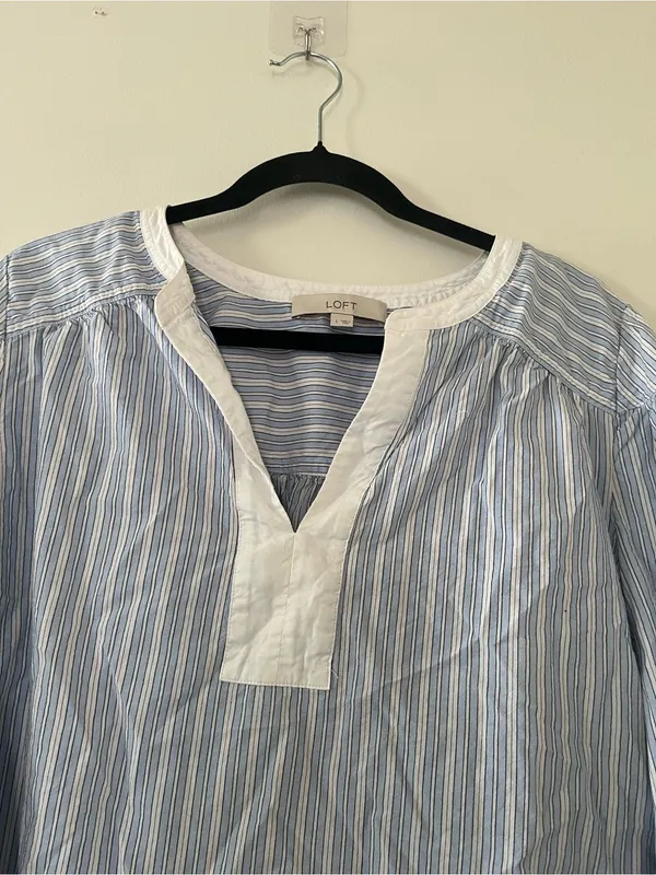 Loft Blue White Stripe Popover Peasant Top Large Coastal Nantucket Euro Summer - Image 3