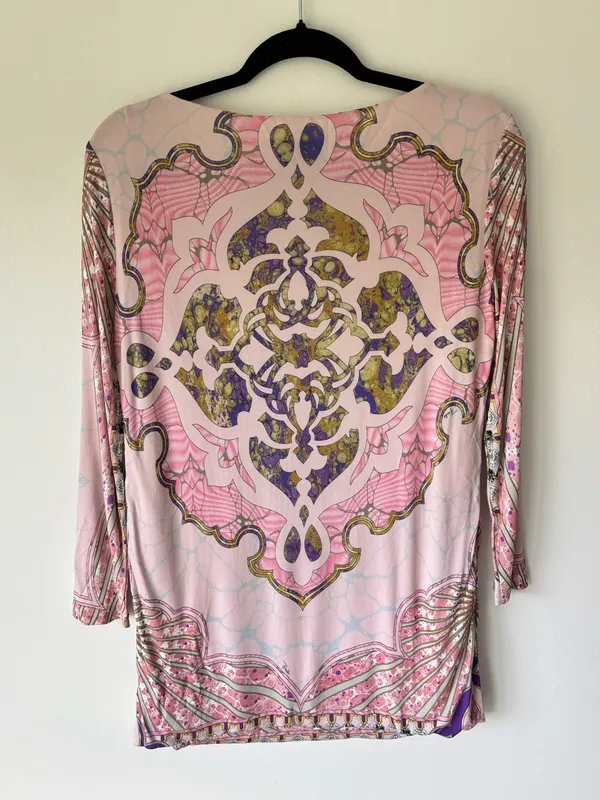 Emilio Pucci Pink Patterned Tunic Top 3/4 Sleeves Boat Neck Luxury Designer - Image 7