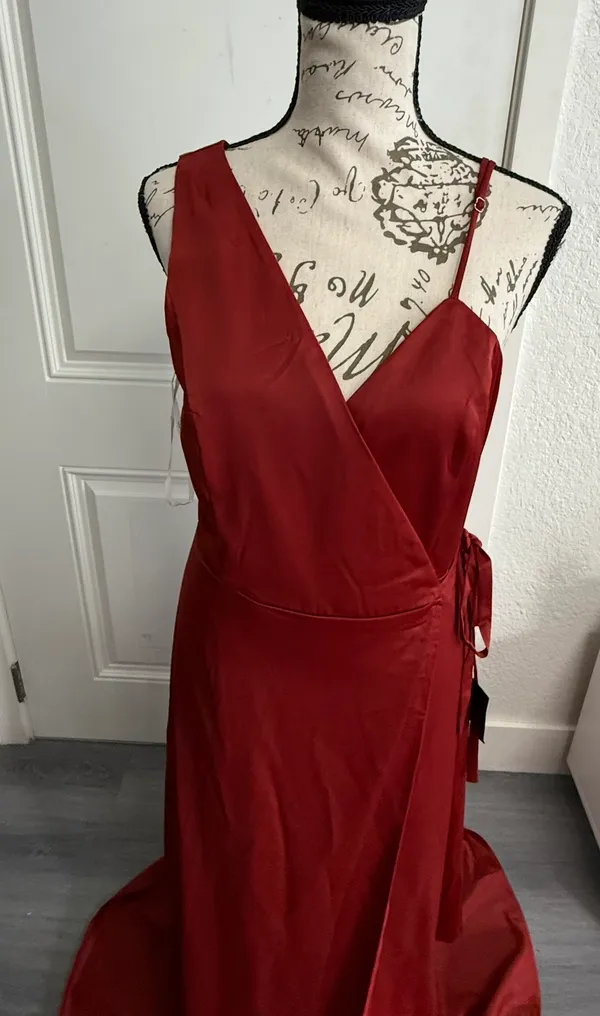 Lulus Poised Sophistication Rust Red Satin Wrap Maxi Dress - NWT - Size M - 63" Length - Image 6