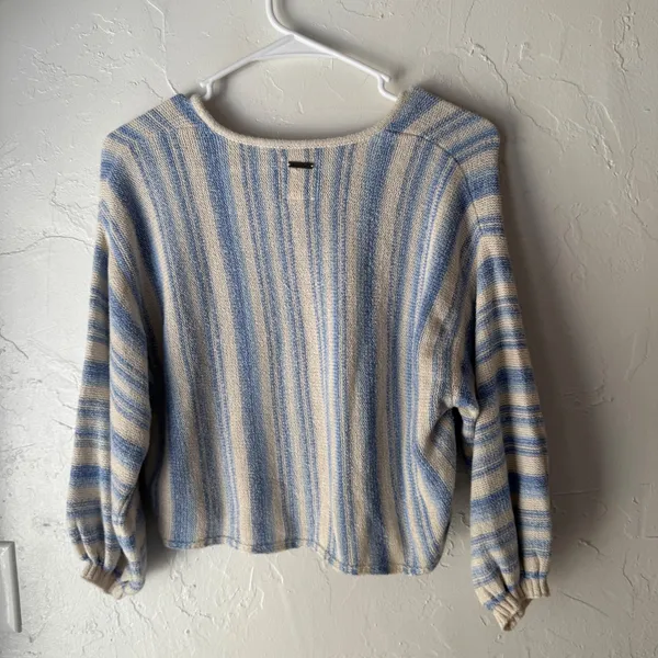 Billabong Striped Lace Up Knit Sweater Pullover Women M Blue Cream‎ Surfer Beach - Image 6