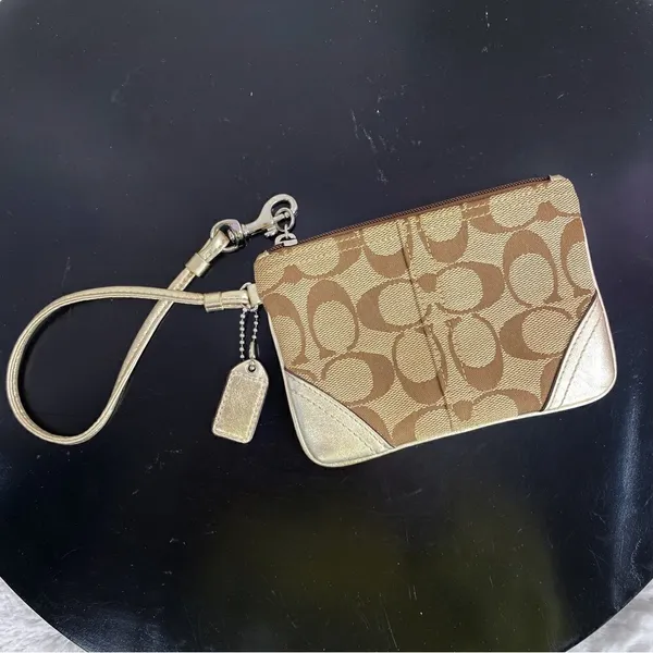 Coach Signature‎ Canvas Leather Wristlet Bag Beige Gold - Image 8