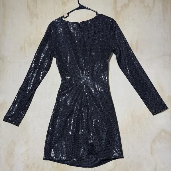 H&M Women's Medium Black Sequin Mini Dress Long Sleeve Ruched Bodycon Party NWT - Image 7